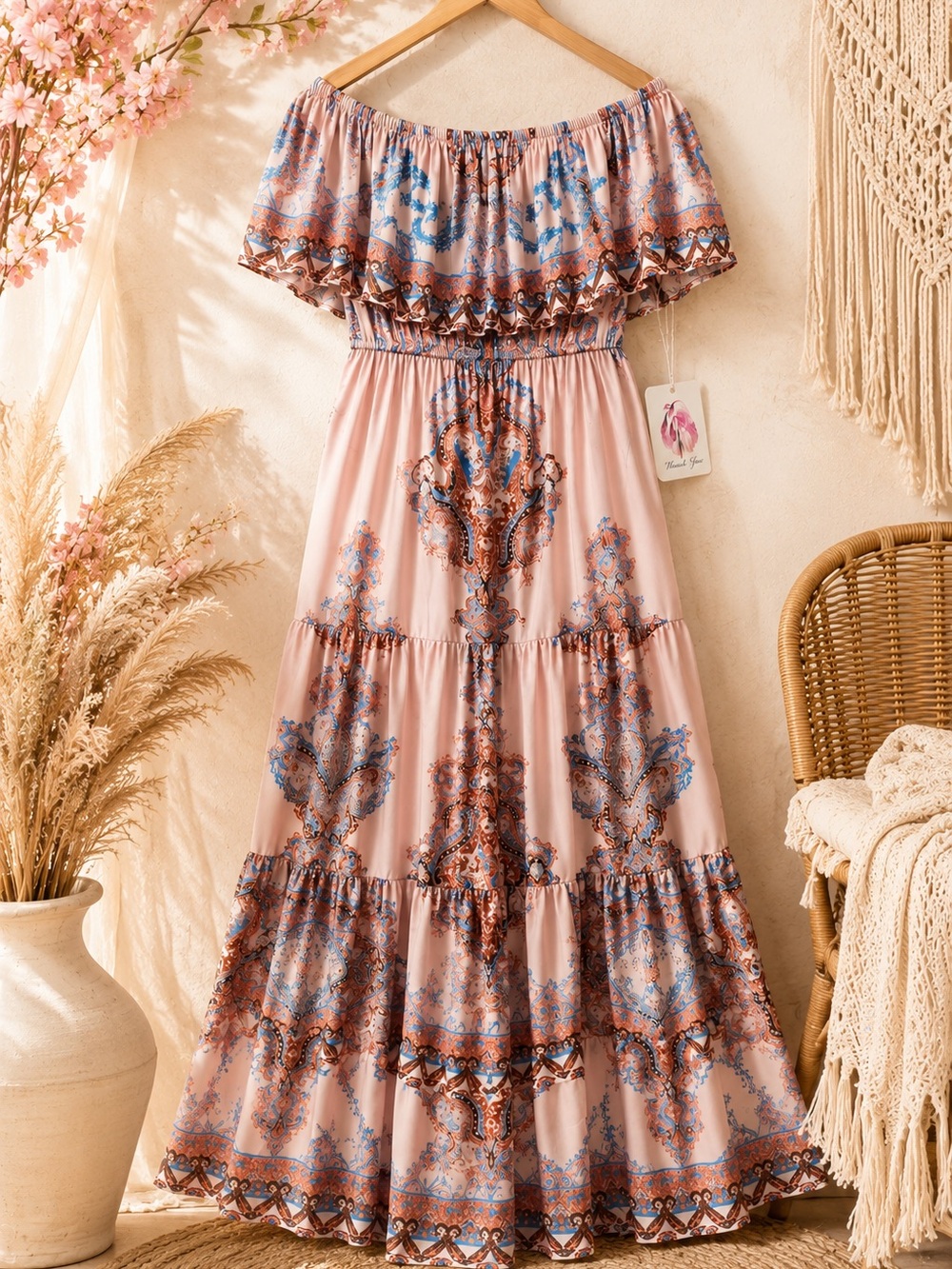 NEWVenus Boho Off Shoulder Paisley Maxi Dress Large Pink Blue Tiered Cottagecore